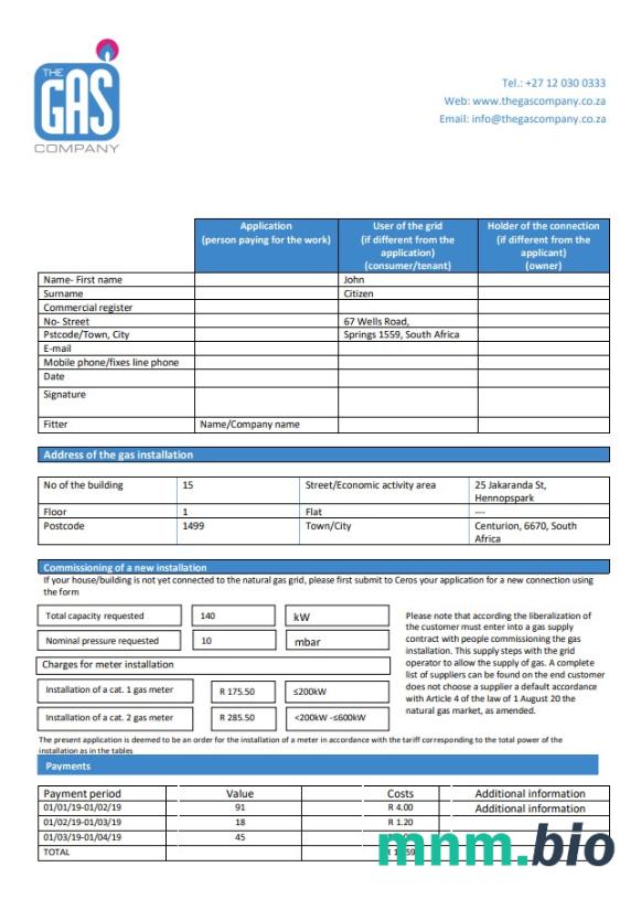 Republika Południowej Afryki firma gazownicza szablon rachunku za media gazowe w formacie Word i PDF
